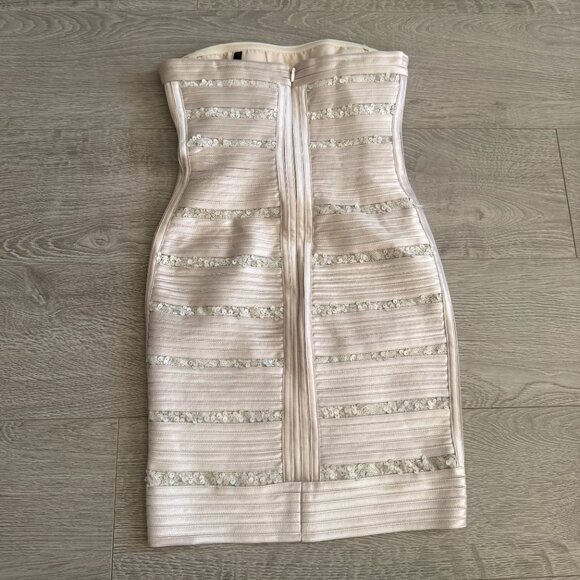 BCBGMAXAZRIA Strapless Mini Bandage Dress Champagne Sequin Size 0 - Picture 6 of 12